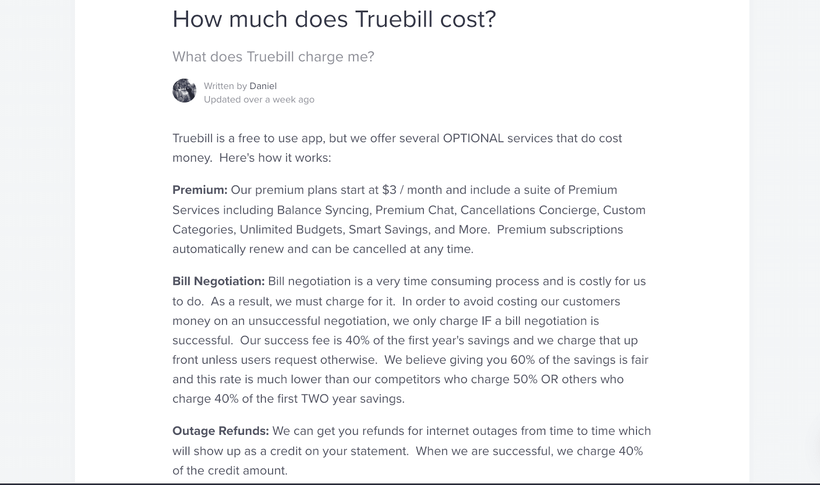 Truebill cost