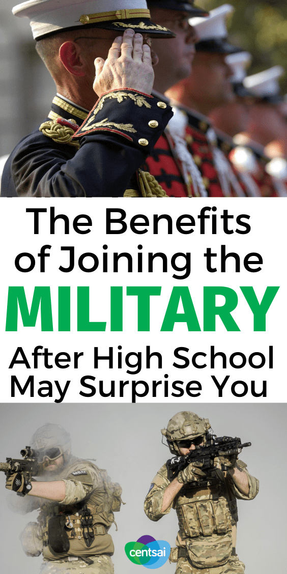 Not sure if you should go straight to college? Or if you can afford it? Check out the benefits of joining the military after high school. #CentSai #military #career